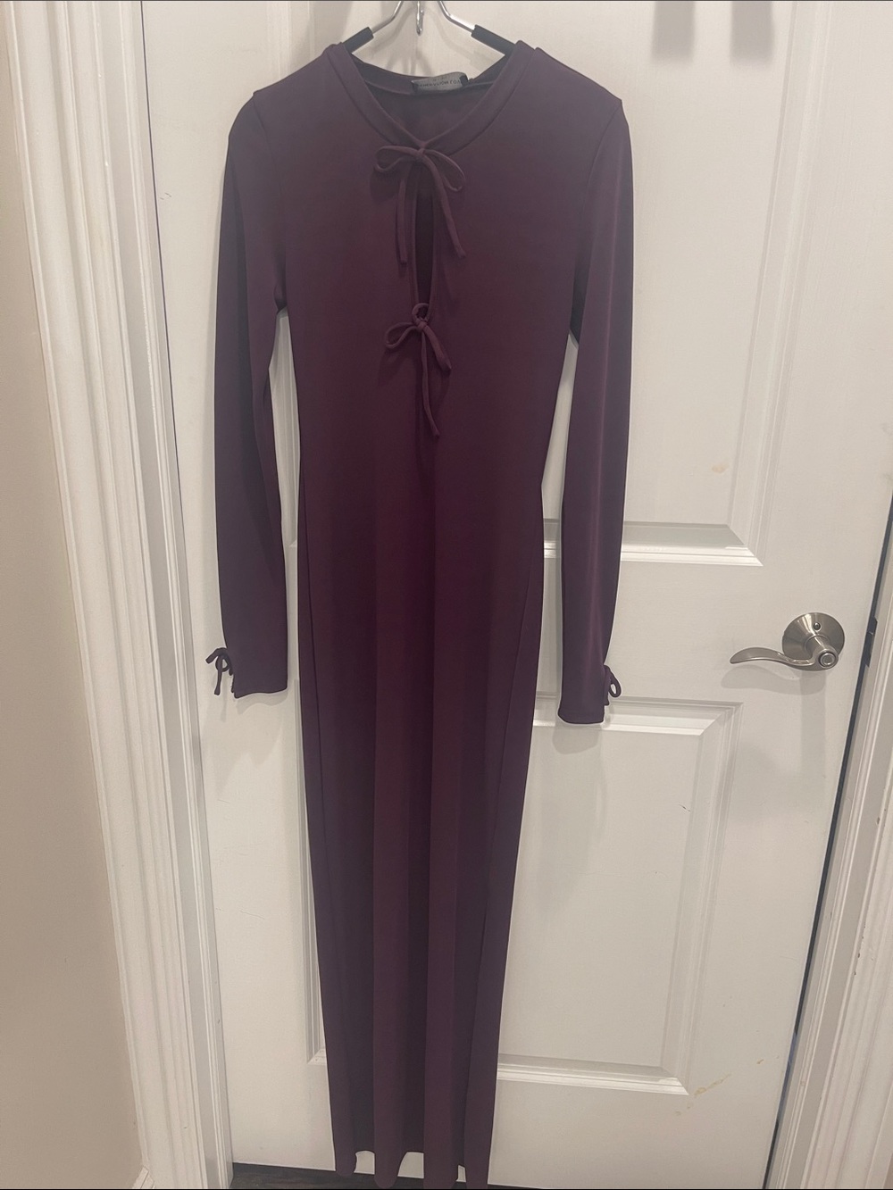 Generation Love Long Sleeve Bow-Tie Maxi Dress in Deep Plum